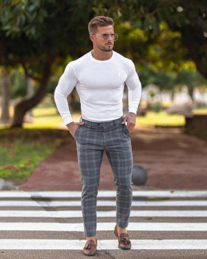 Outfit style with jeans, tartan, t-shirt, trousers, dress shirt: 