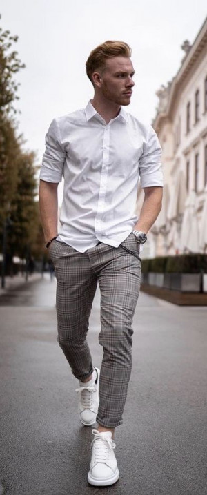 White outfit inspo with shirt, tartan, trousers, dress shirt: 