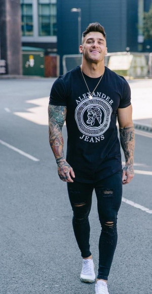 Look inspiration owen harrison tattoos slim-fit pants, men's clothing, t-shirt: 