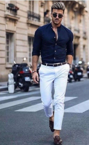 Men wears navy blue jacket pink shirt  light grey pants color  coordination for men who seeking for amazing  Mens outfits Mens fashion  suits Blue blazer outfit