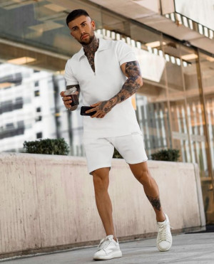 White outfit inspiration with shorts, t-shirt, sportswear, dress shirt: 