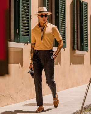 Look inspiration with fedora, trousers, dress shirt: 