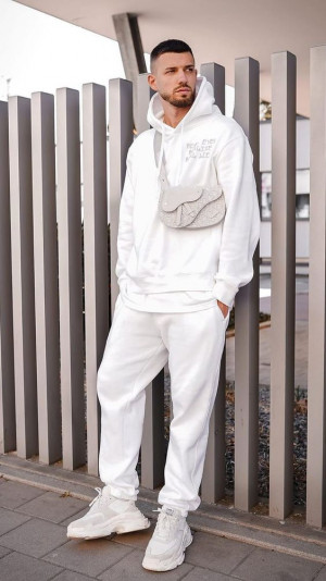 All white outfit men fashion accessory: 