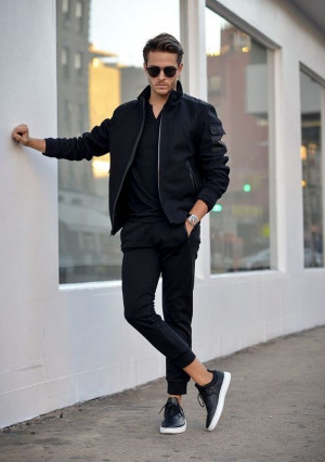 Black monochrome outfit men, men's style: 