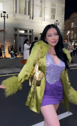 Latina Baddies Lime Green Faux Fur Coat with Glittery Purple Dress and Gold Saxophone Crossbody for a Latina Baddie Look: 