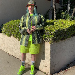 Wow, Billie Eilish looks amazing in her outfit! It's got these awesome neon and green colors: 