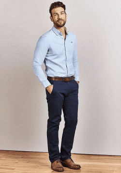 Looking sharp for graduation with navy pants and a summer sky blue shirt!: 