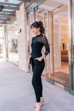 Keep it classy with a black sheer top and sleek trousers for the wake: Prom Dresses  