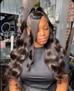 You'll be the queen of the night with these silky chocolate waves for your prom: hair extension,  Black hair,  Long hair,  Lace wig  