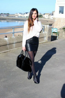 OMG, how cute is this winter sun and black leather outfit?: Little Black Dress,  luggage and bags,  Leather skirt  