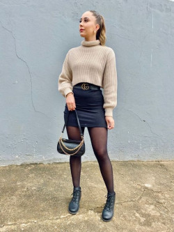 You'll look gorgeous in this black mini skirt and beige top, no doubt!: woman,  Little Black Dress,  High-Heeled Shoe,  cocktail dress  
