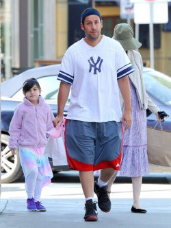 You can't forget his classic Sandler style in that white and navy tee!: adam sandler,  Straw hat  