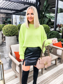 How adorable is this neon Top and Black Mini skirt combo?✨💚 BrightAndBold: Outfit of The Day,  High-Heeled Shoe  