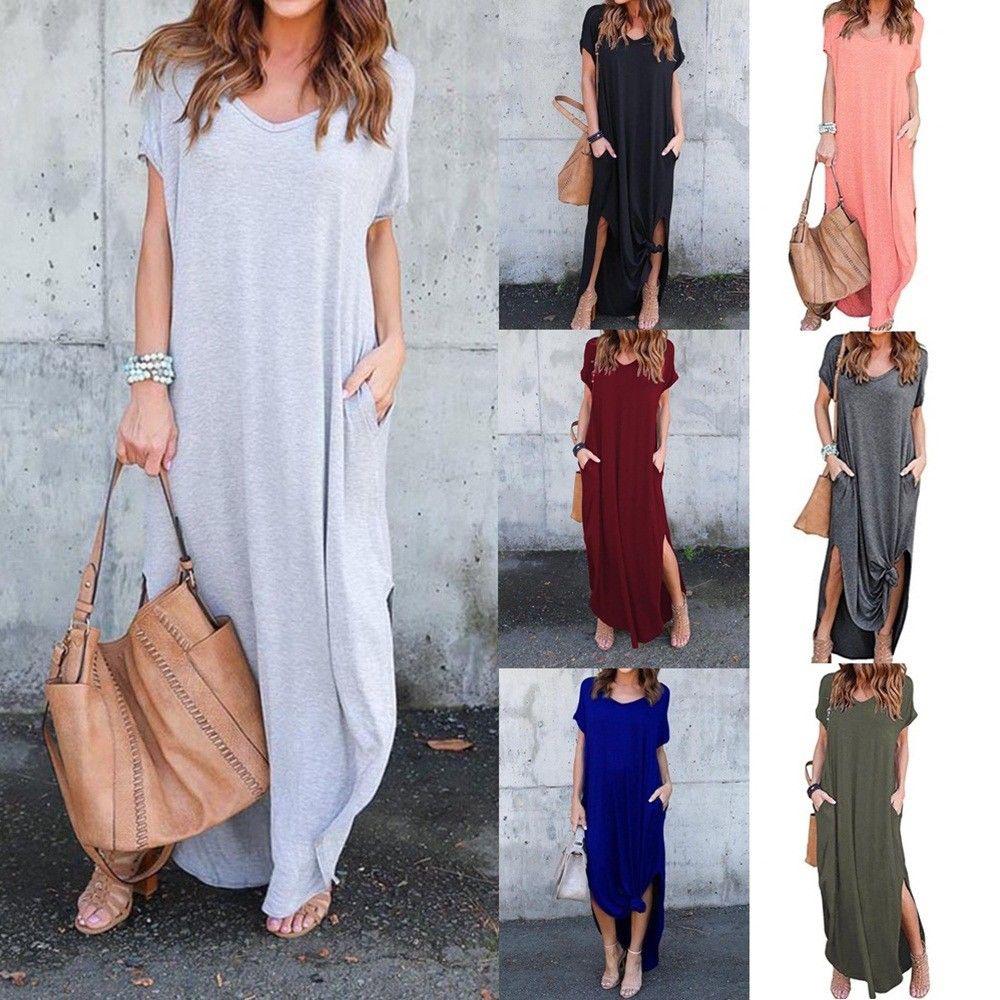 US Women Casual T-Shirt Long Maxi Dress Split Evening Party Dress Dresses S-2XL: party outfits,  Casual Long Maxi  