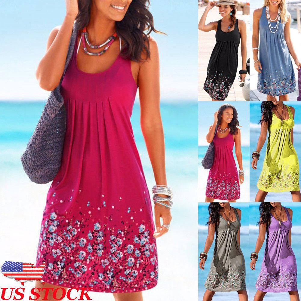 US Women's Summer Boho Short Midi Dress Cocktail Evening Party Beach Sundress: 