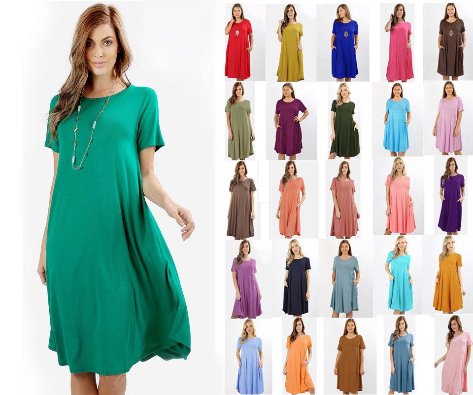 S-3X Women Short Sleeve Midi T-Shirt Pocket Dress Long A-Line Knee Length Casual: 