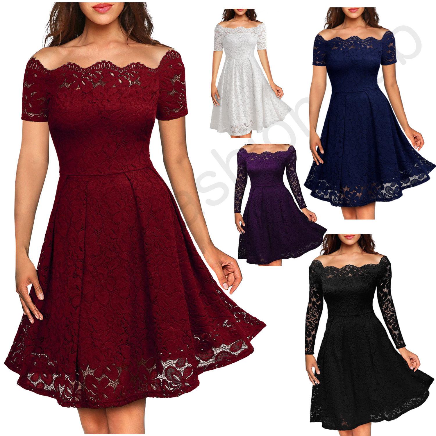 Women's Vintage Lace Boat Neck Formal Wedding Cocktail Evening Party Swing Dress: Cocktail Mini Dress,  Plus Size Party Outfits,  Black Girl Plus Size Outfit,  Crochet Dress  