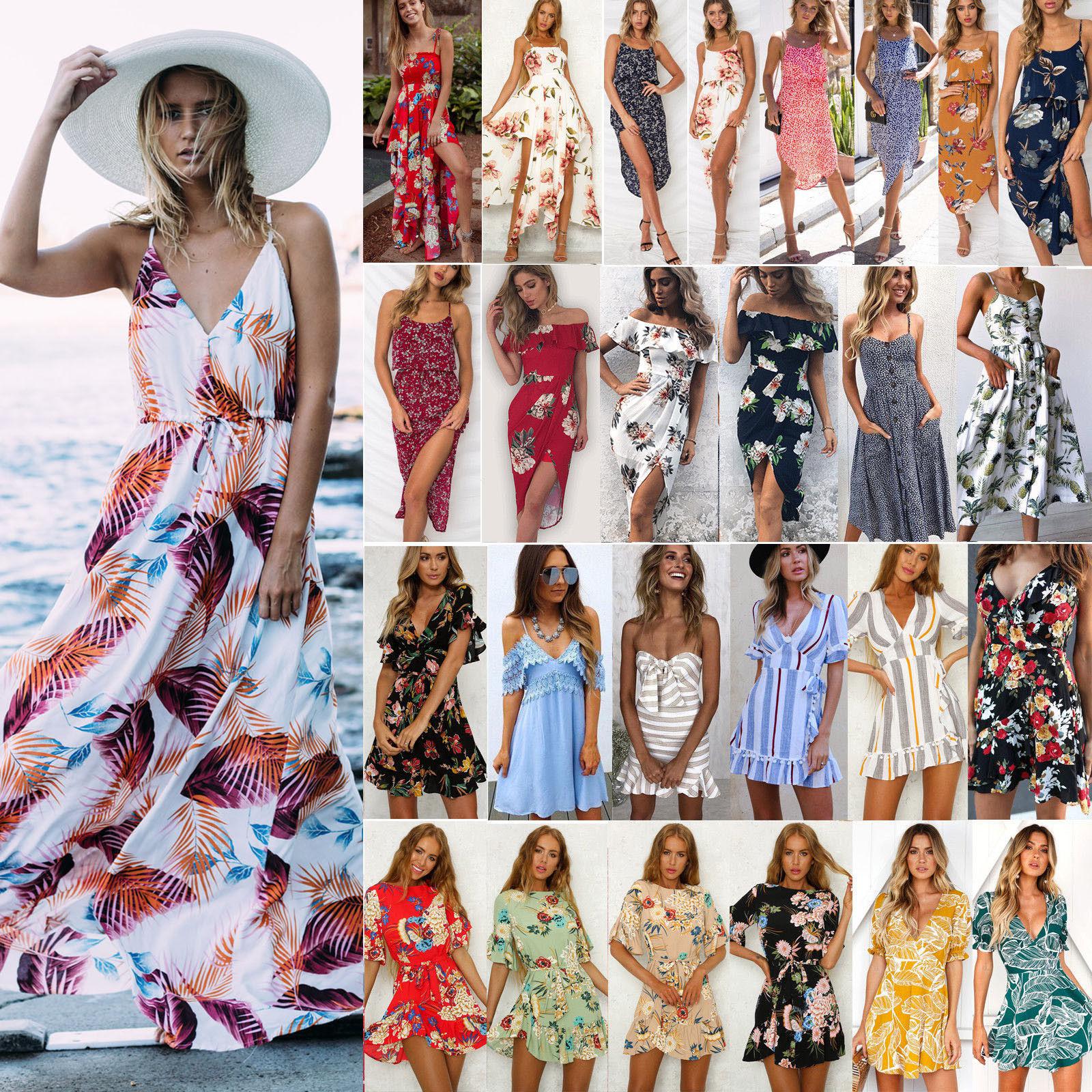 US Women Boho Floral Long Maxi Dress Evening Party Beach Dresses Summer Sundress