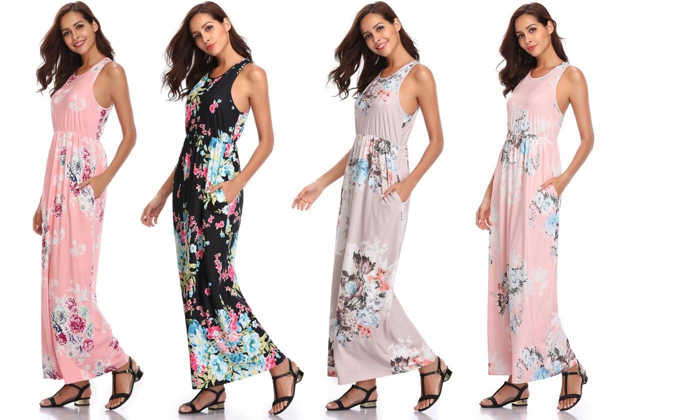Women's Floral Long Maxi Dress Summer Evening Party Beach Full Length Sundress: Cocktail Mini Dress,  Plus Size Party Outfits,  Black Girl Plus Size Outfit  