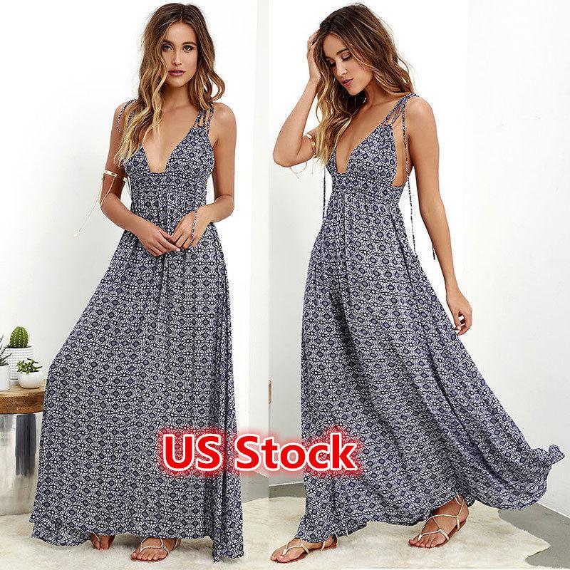 Women’s Summer Boho Casual Long Maxi Evening Party Cocktail Beach Dress ...