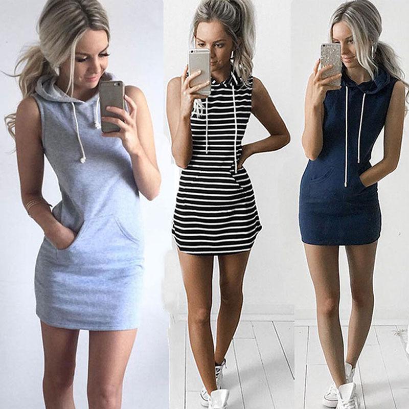 Women Sleeveless Hoodie Mini Dress Summer Casual Hooded Sweatshirt Pullover: Women Sleeveless Dress,  Beach outfit  