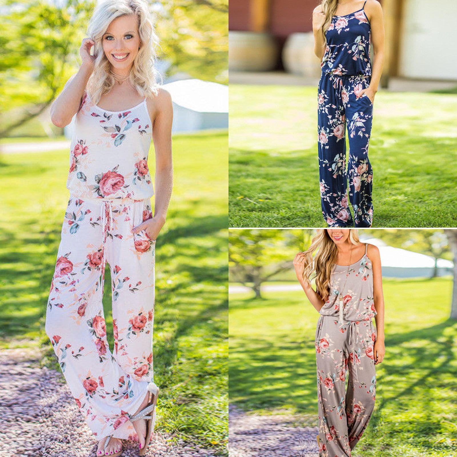 Women Summer Floral Long Wide Leg Pants Strappy Casual Beach Jumpsuit Romper US: Women Sleeveless Dress,  Beach outfit  