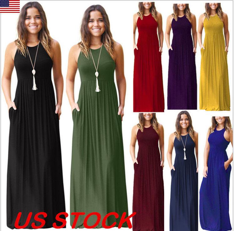 Women’s Sleeveless Loose Plain Maxi Dresses Casual Summer Long Pockets ...