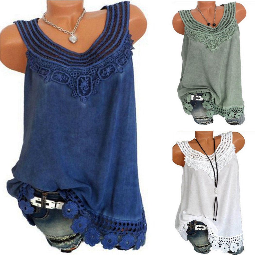 Plus Size Women Summer Lace Vest Top Sleeveless Blouse Casual Tank Tops ...