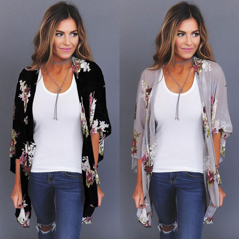 US STOCK New Women Floral Loose Kimono Cardigan Boho Chiffon Coat ...