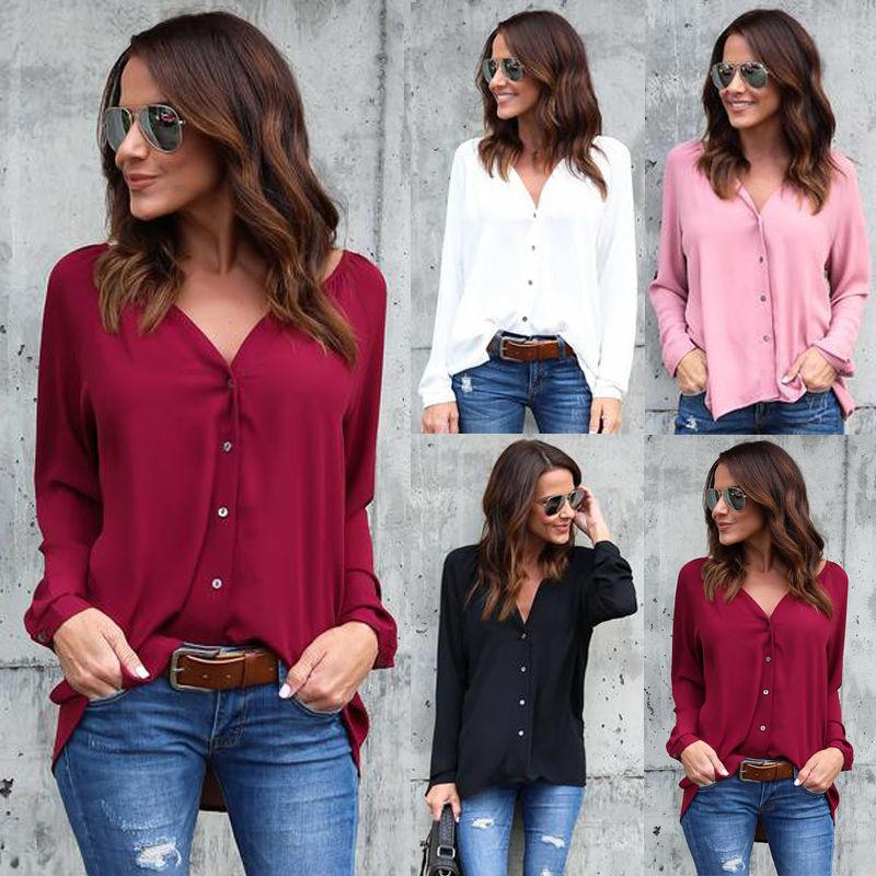 Sexy Women Blouse T Shirt V Neck Long Sleeve Button Tee Ladies Casual ...