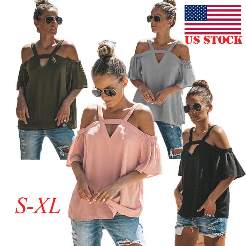 US STOCK Sexy Summer Women Cold Shoulder Tops Blouse Ladies Short Sleeve T-Shirt: Denim Outfits  