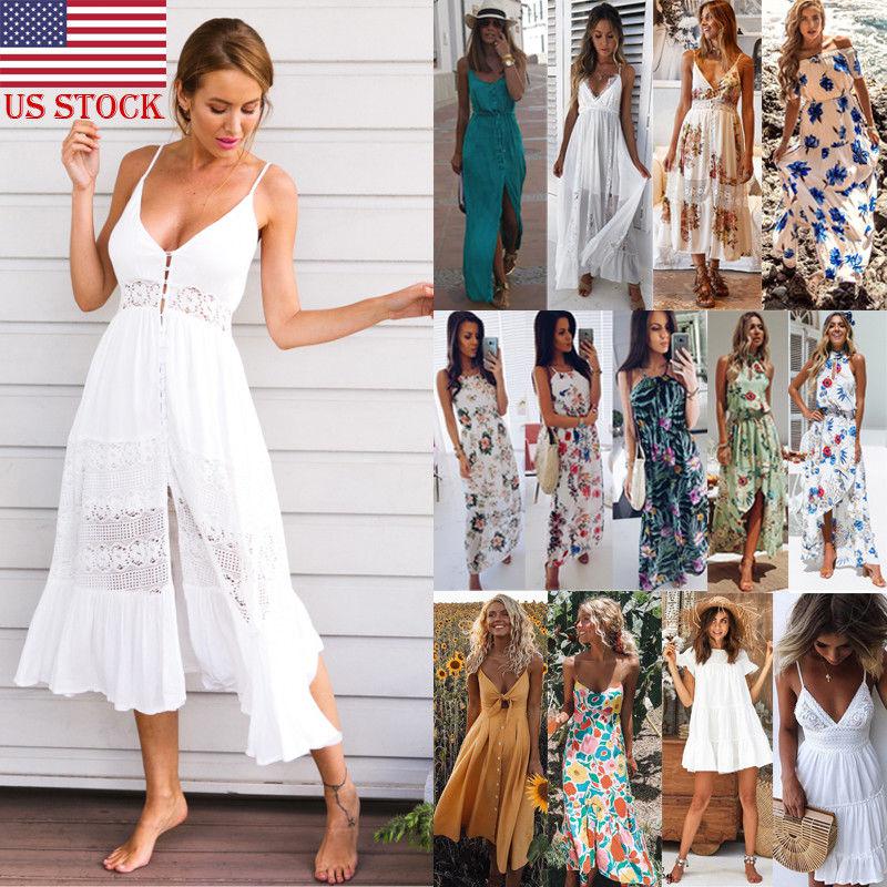 US Women Boho Floral Long Maxi Dress Evening Party Beach Dresses Summer Sundress: Plus Size Party Outfits  