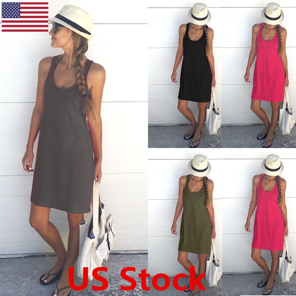 Women Dress Tank Top Sleeveless Scoop Neck Solid Cotton Shirt Mini Beach Dress: Women Sleeveless Dress,  Plus size outfit  