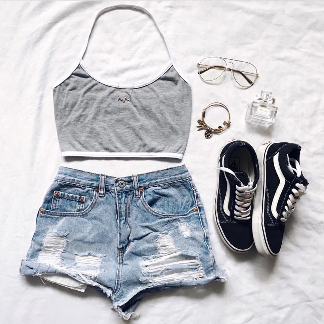 Shorts Outfit Denim skirt, Crop top: summer outfits  