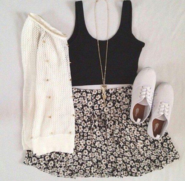 Floral Skirt Outfit. Create a Cheerful Outfit with Floral SkirtSkater Skirt Floral Skirt: shirts,  Vintage clothing,  Skirt Outfits,  Skirt Outfit Ideas  