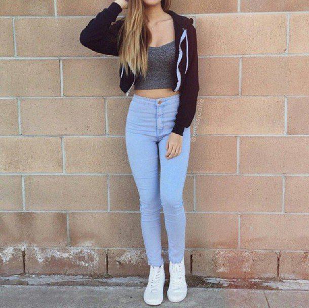 Grey Crop Top. High Waist Skinny Jeans Tumblr OutfitsCasual wear Crop top