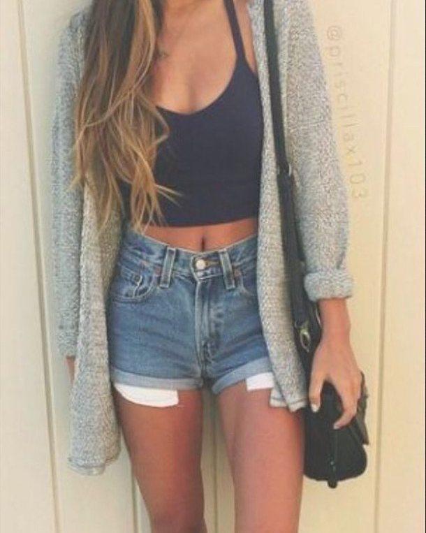 Top Outfits Shorts. Trending And Girly Summer Outfit Ideas With Denim ShortsCrop top Sleeveless shirt: summer outfits,  Denim Shorts,  Casual Shorts Dress,  Denim Outfits,  Crop top,  Shorts Outfit,  tank top,  Long Sleeve  