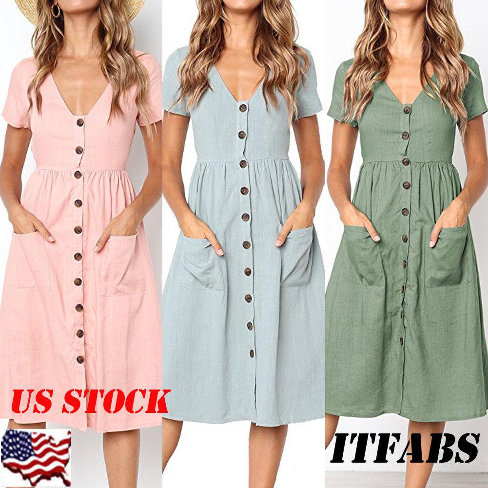 US Women's Summer Short Sleeve V Neck Button Down Swing Midi Dress with Pockets: 