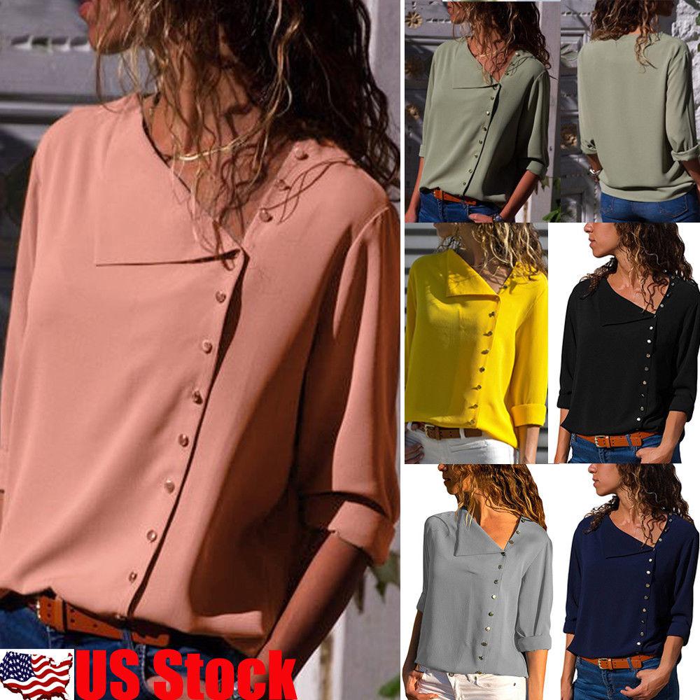 Womens Long Sleeve V Neck Loose Blouse Casual Shirt Summer Chiffon Tops T-Shirt: 