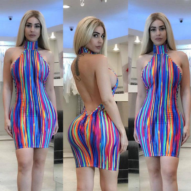 Summer Sexy Women Halter Multicolor Striped Backless Bodycon Mini Party Dress US: party outfits  