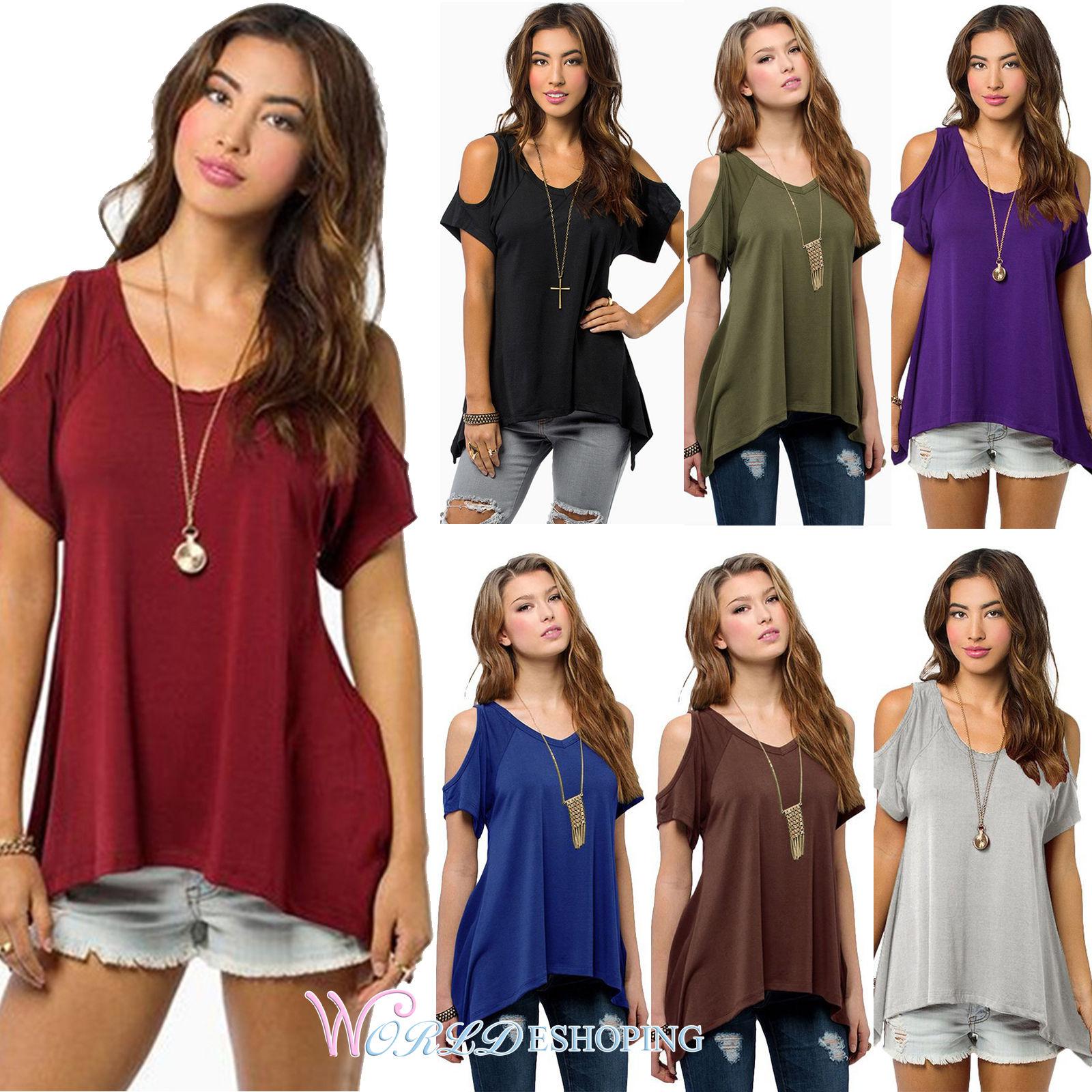 Women's Summer Cold Shoulder Loose Top Short Sleeve Blouse Casual Tops T-Shirt: 