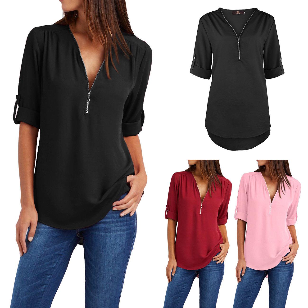 US Women Casual Tops T-Shirt Ladies V-Neck Zipper Loose Top Long Sleeve Blouse: Deep V-Neck  
