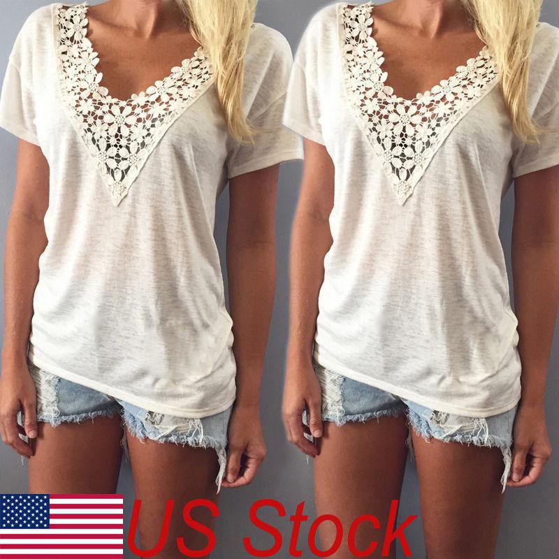 Fashion Women Summer Loose Casual Short Sleeve Lace Up T Shirt Tops Blouse US