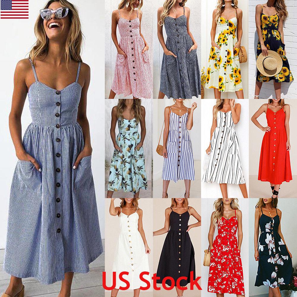 US Womens Strappy Button Pocket Holiday Dress Summer Beach Midi Swing Sundress: holiday dress  
