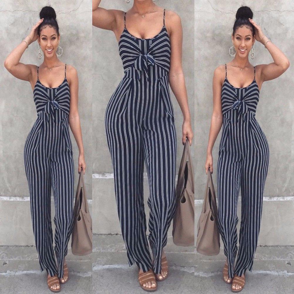 Women's Clothing Summer Comfy Causul Stripe Pattern Sleeveless Jumpsuits Rompers: jumpsuit  