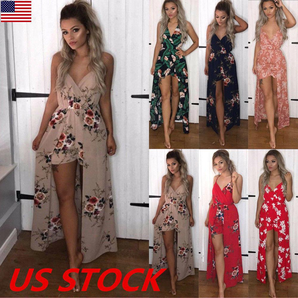 Women V Neck Strappy Floral Chiffon Long Maxi Dress Short Rompers Jumpsuit USA: 
