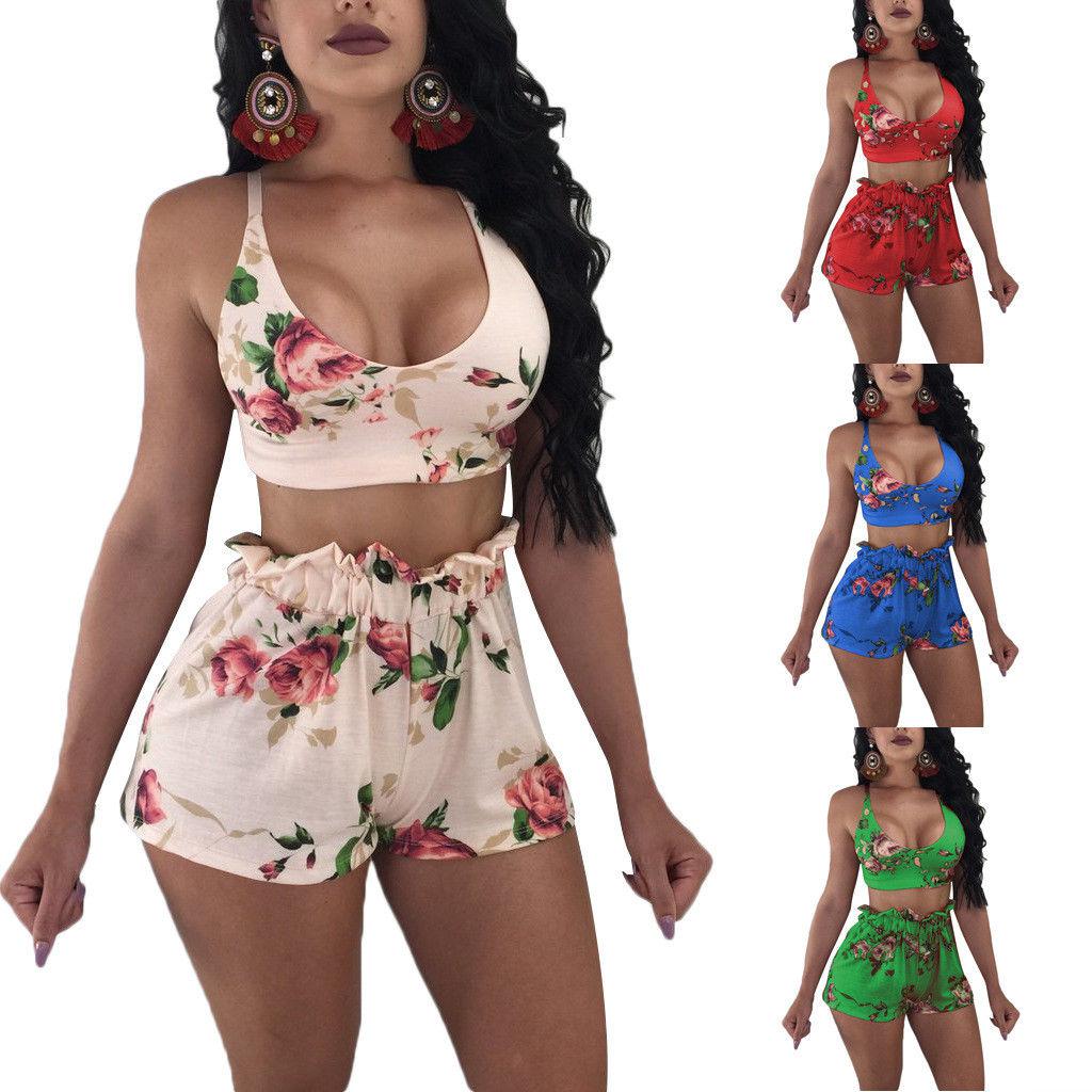 2pcs Women V Neck Crop Top Short Romper Casual Party Print Summer Jumpsuits: 