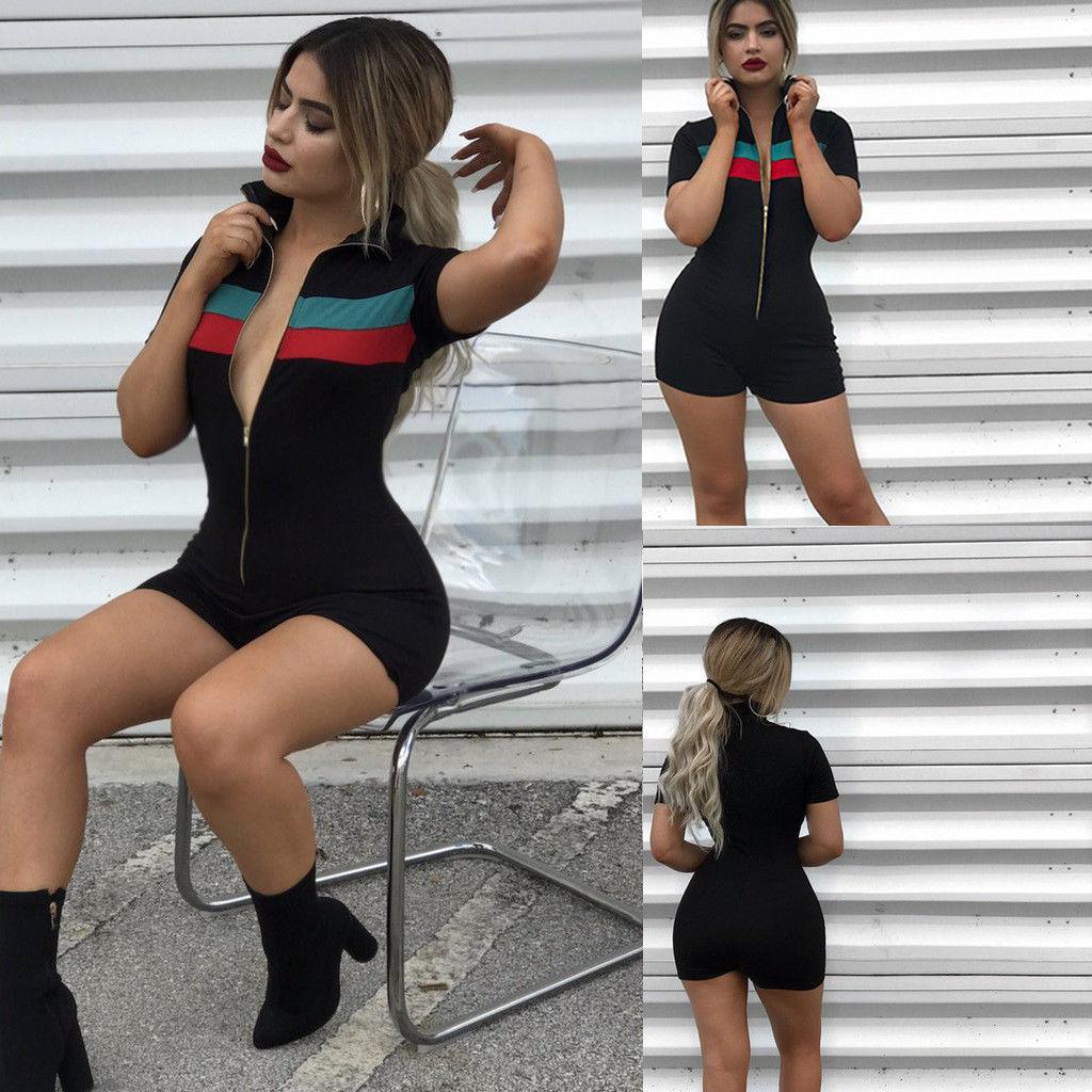 Sexy Women Short Sleeve Front Zipper Bodycon Short Jumpsuit&Romper Club Casual