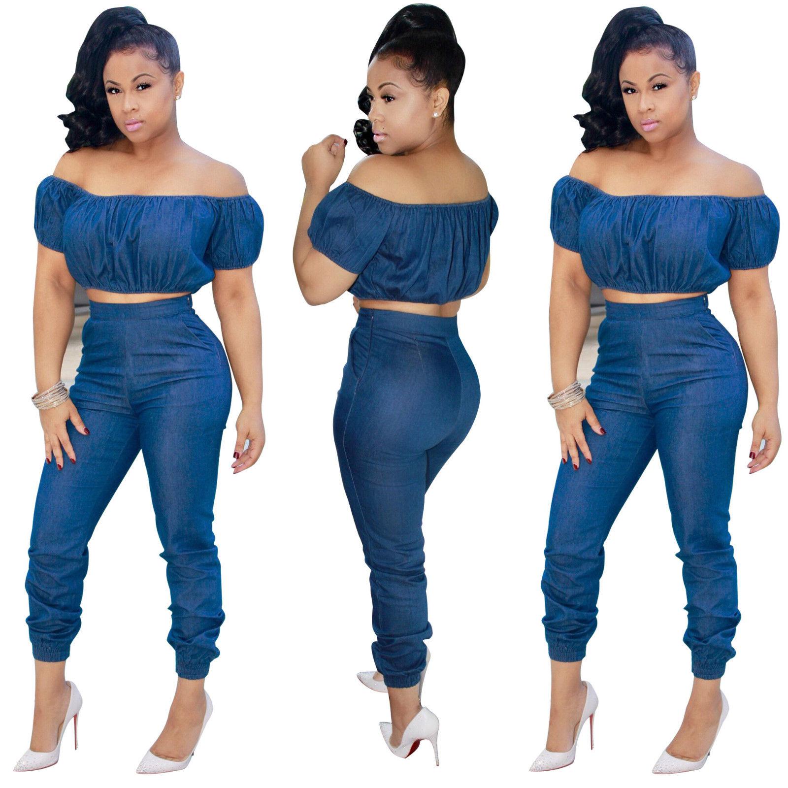Sexy 2PC Set Bodycon Casual Demin Jumpsuit Rompers Summer Jumpsuit Womens: 