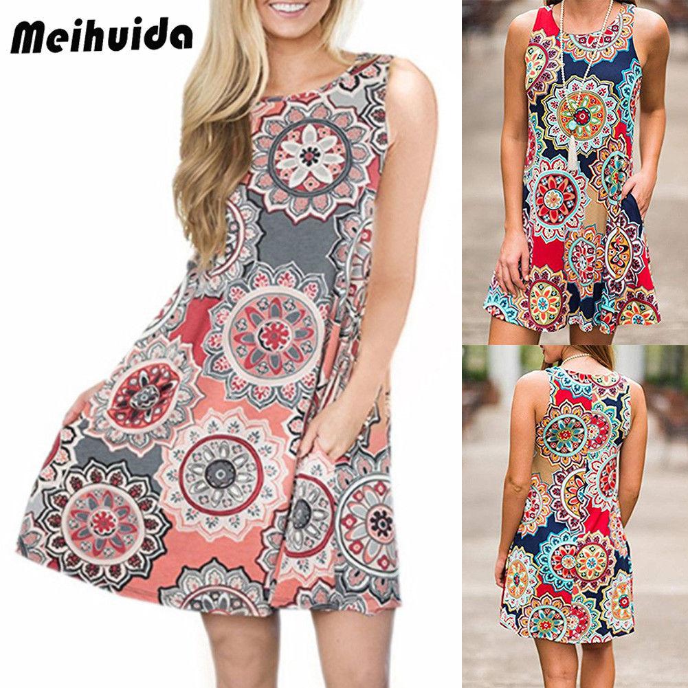 Women's Boho Floral Chiffon Summer Party Evening Beach Short Mini Dress Sundress: 